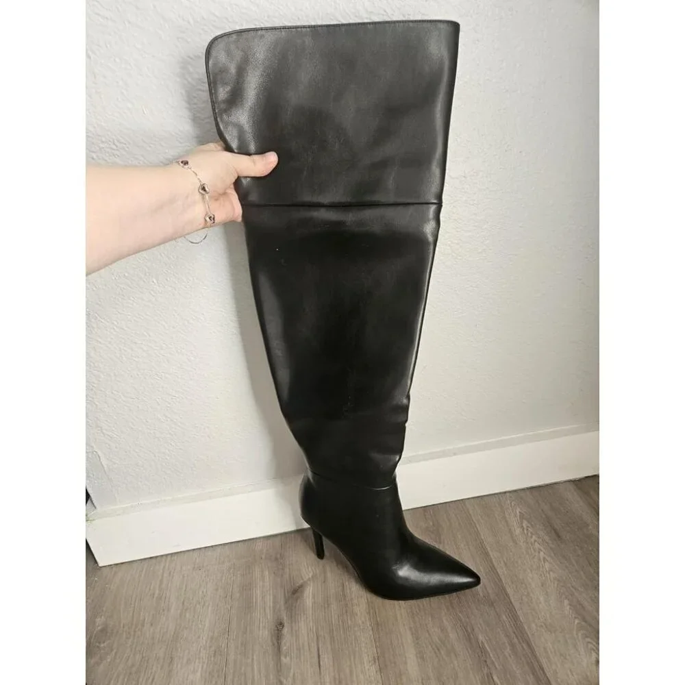 🆕Womens Black Faux Leather Ponited Toe Zipper up Thigh High Stiletto Heel Boot